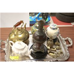 ESTATE SILVERPLATED TRAY WITH ASSORTED ORNAMENTS