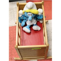 VINTAGE DOLL CRADLE WITH SMURFS