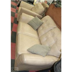 BEIGE LEATHER LOVE SEAT CHAIR AND OTTOMAN