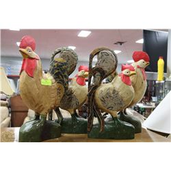 4 LARGE CARVED WOODEN ROOSTERS 20"H