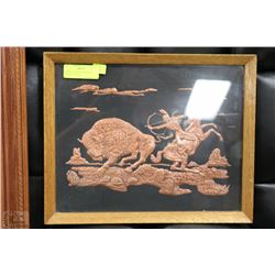 COPPER INLAY PICTURE WITH BUFFALO 13"X16"