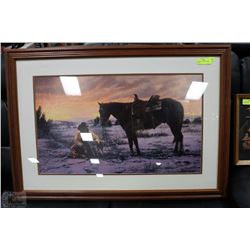 WOOD FRAMED PRINT COWBOY, HORSE &