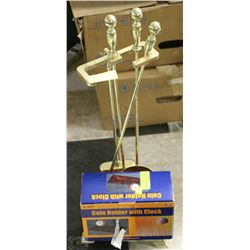 BRASS FIREPLACE SET WITH COIN HOLDER CLOCK DISPLAY