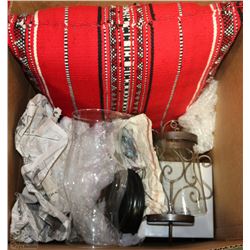 BOX WITH ASSORTED AND NEW CANDLE HOLDERS ETC