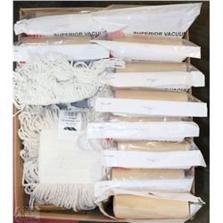 BOX OF COMMERCIAL VAC BAGS,MOP HEADS (WOOD