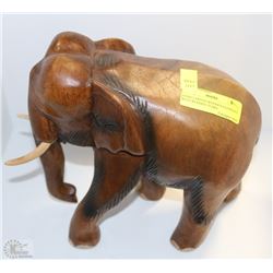 HAND CARVED WOODEN ELEPHANT WITH WOODEN TUSKS