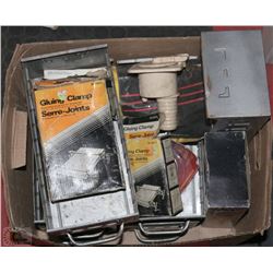 GARAGE TOOL & BIN LOT - 6 METAL BOLT BINS, CLAMPS
