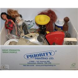 BOX OF COLLECTIBLES INCL DECANTER,MARBLES,TINS