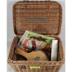 VINTAGE WICKER BASKET FILLED W/VINTAGE ITEMS -