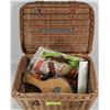 Image 1 : VINTAGE WICKER BASKET FILLED W/VINTAGE ITEMS -