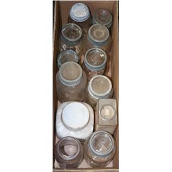 BOX WITH GLASS SEALER JARS AND VINTAGE CLUBHOUSE