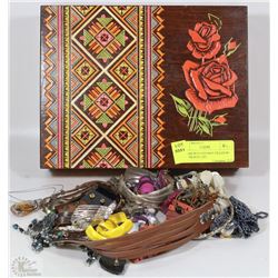VINTAGE WOODEN BOX FILLED W/ FASHION JEWELRY