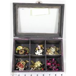 WOODEN BOX FILLED WITH BROOCHES