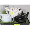 Image 1 : BLACK TRAY FILLED W/ COLLECTIBLE TEAPOTS