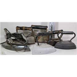 5 SAD IRONS AND 1 ELECTRIC IRON