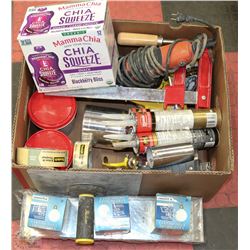 BOX WITH ASSORTED TOOLS, AND SUPPLIES INCL