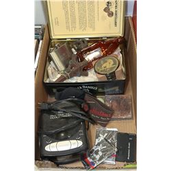 BOX WITH  FLASK,COASTERS,COLLECTOR HOCKEY CARDS ETC