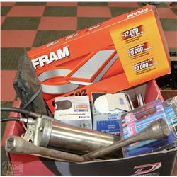 BOX WITH ASSORTED TOOLS INCL 2 GREASERS, BATTERY