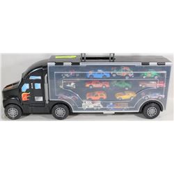 HOT WHEELS TRUCK DISPLAY CASE W/ CARS