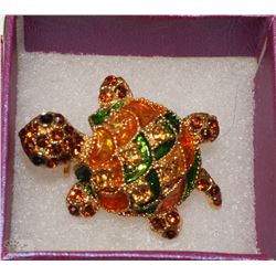 GOLD TONE, ENAMEL & CRYSTAL TURTLE BROOCH