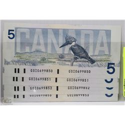 1986 UNCIRCULATED SEQUENTIAL SERIAL #'S $5 DOLLAR X4