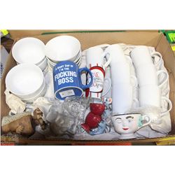 BOX W/SET OF WHITE DISHES, LARGE COFFEE
