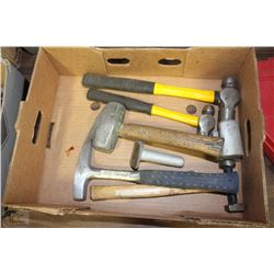 BOX W/HAMMERS & METAL WORK TOOLS