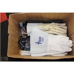 BOX OF WORK GLOVES, SAFETY GLASSES, NEW