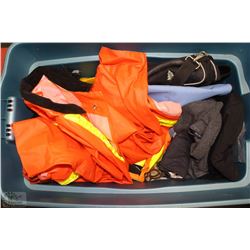 BLUE BIN FULL OF OUTDOOR WORK GEAR