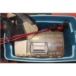 TOTE WITH FULL TACKLE BOX , 3 FISHING RODS AND HIP