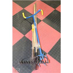 GARDEN TOOLS INCL GARDEN CLAW, AXE & RAKES