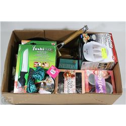 BOX OF NEW KITCHEN ASST,EGG GENIE,COOK BOOK,YOSHI