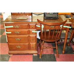 DARK MAPLE 5 DRAWER DESK WITH CHAIR