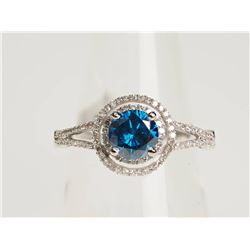 #49-14K WHITE GOLD BLUE DIAMOND RING ACCENTED BY