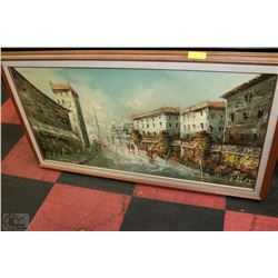 VINTAGE WOOD FRAMED CITY SCENE OIL ON CANVAS