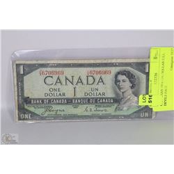 CANADIAN 1954 1.00 DOLLAR BILL DEVILS FACE