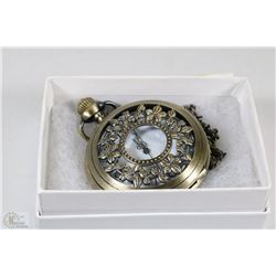 NEW FLORAL SEE THROUGH  POCKET WATCH WITH CHAIN