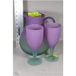 ART GLASS WATER PITCHER WITH 2 GOBLETS MULTI-COLOR