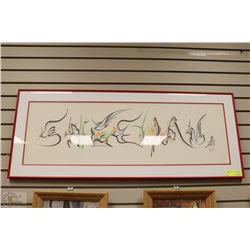 RED FRAMED BIRD AND FISH PICTURE