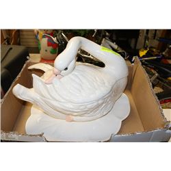LARGE CERAMIC SWAN PUNCH BOWL SET WITH LID & SPOON