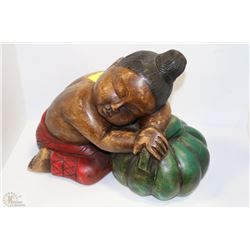 LARGE CARVED & PAINTED WOOD BABY BUDDHA SCULPTURE