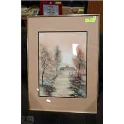 DOUBLE MATTED BRASS FRAME SIGNED WATER COLOR OF A