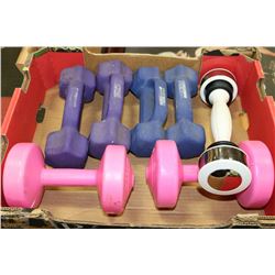 3 PAIRS OF HAND HELD WEIGHTS AND ONE SHAKER WEIGHT