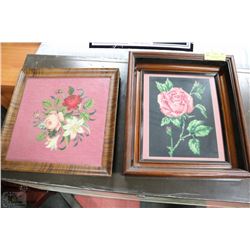 LOT OF 2 ROSE AND FLOWER PETIT POINT WOODEN FRAMED