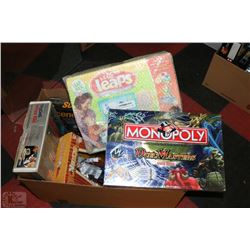 BOX OF BOARD GAMES AND VIDEO GAME SYSTEM