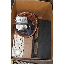 BOX OF HOUSE PHONE, JEWELERY BOX AND CANDLE HOLDER