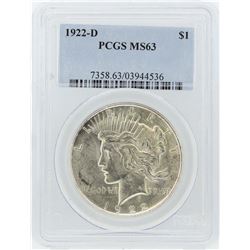 1922-D $1 Peace Silver Dollar Coin PCGS MS63