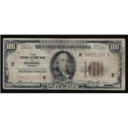 1929 $100 The Federal Reserve Bank of Richmond VA Note
