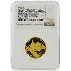 1990 10g Germany Gold Hamburg Sister City Shanghai Medal NGC Graded PF69 Ultra C