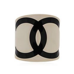 Authentic Chanel Black and White Logo Resin Cuff Bracelet